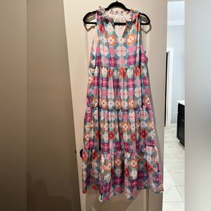 Pink, Purple, Blue, and Orange Tiered Halter Sundress with V-Neck